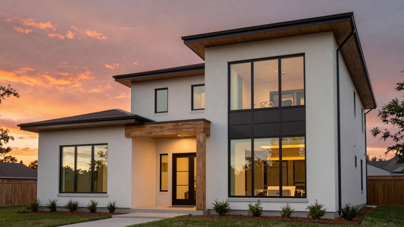 Modern custom home with large windows at sunset.