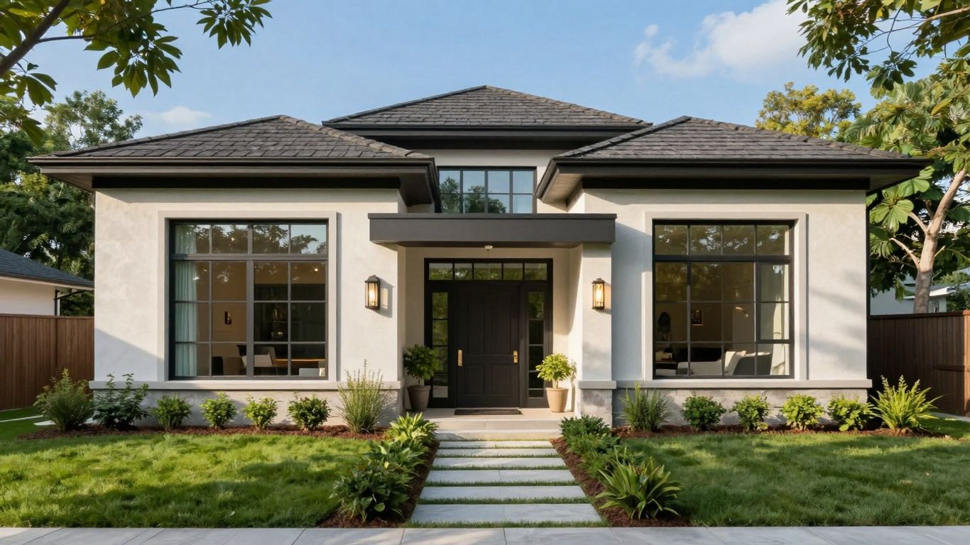 Modern custom home with landscaping and blue sky.