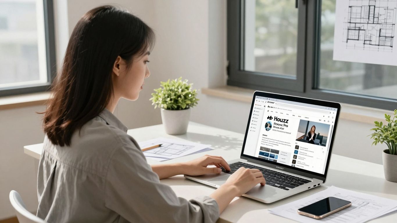 Houzz Pro software on a laptop in a home office.