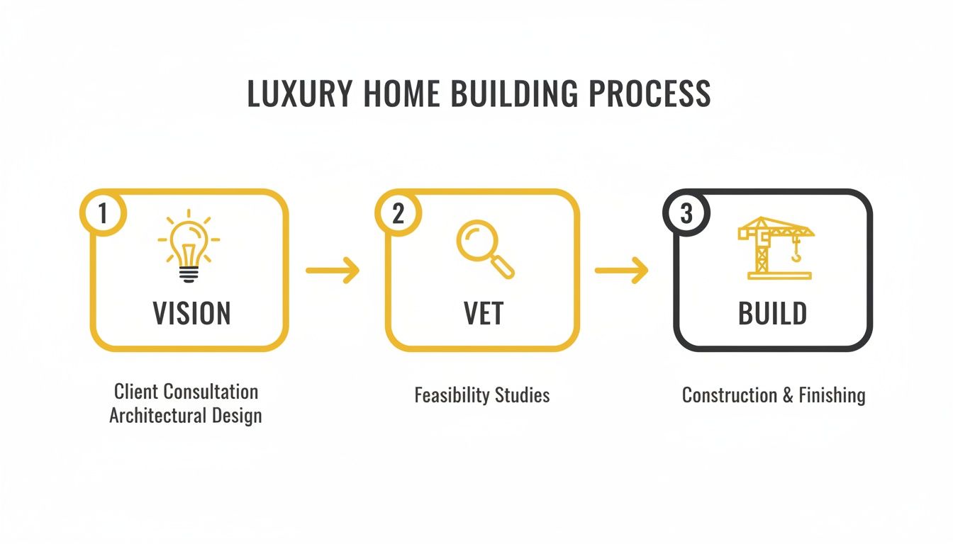A detailed flowchart outlining the three-step luxury home building process: vision, vet, and build.