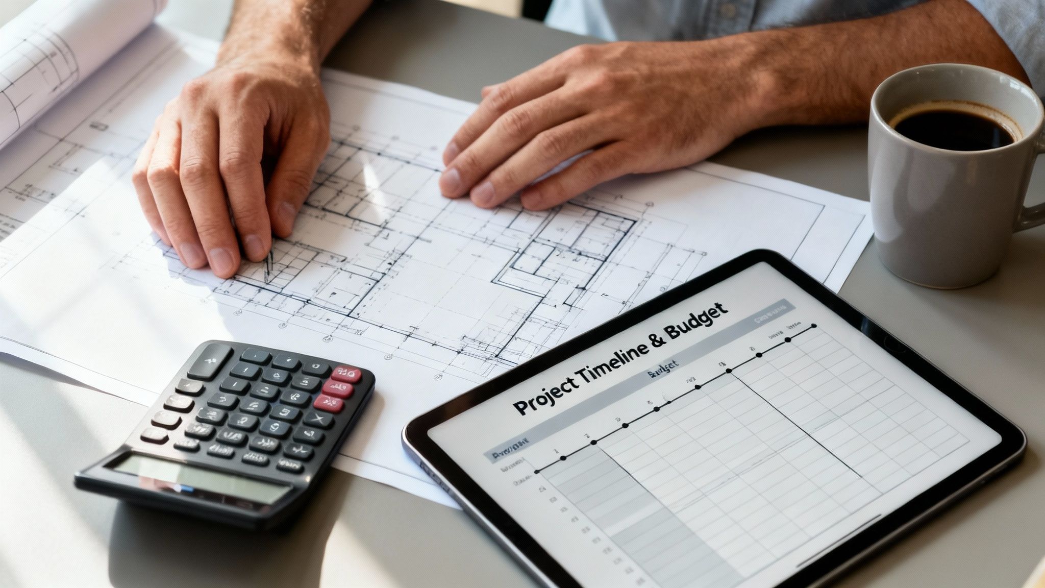 Overhead view of an architect reviewing blueprints, calculator, and a tablet with project budget.