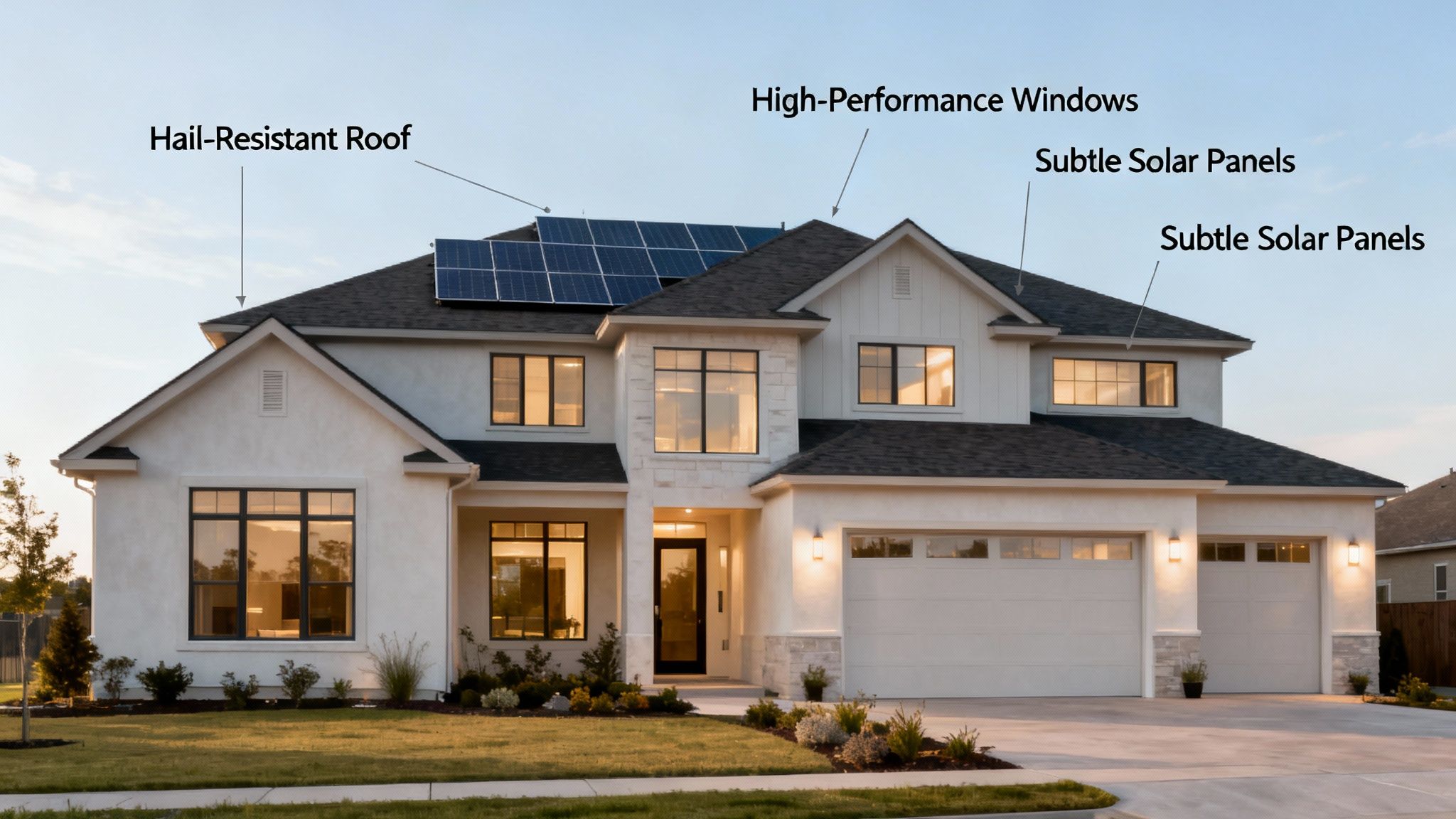 A modern, white two-story house featuring a hail-resistant roof, subtle solar panels, and high-performance windows.