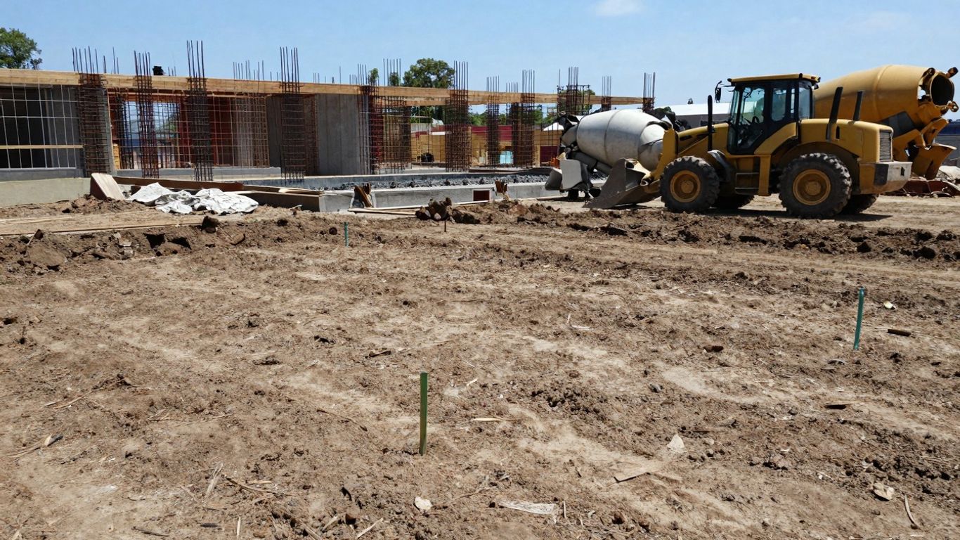 Building a house foundation on cleared land.