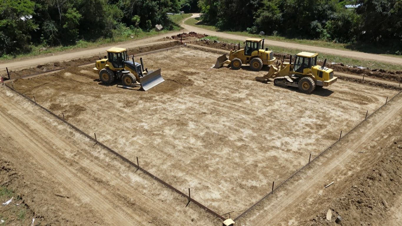 Cleared land with construction equipment, ready for foundation.