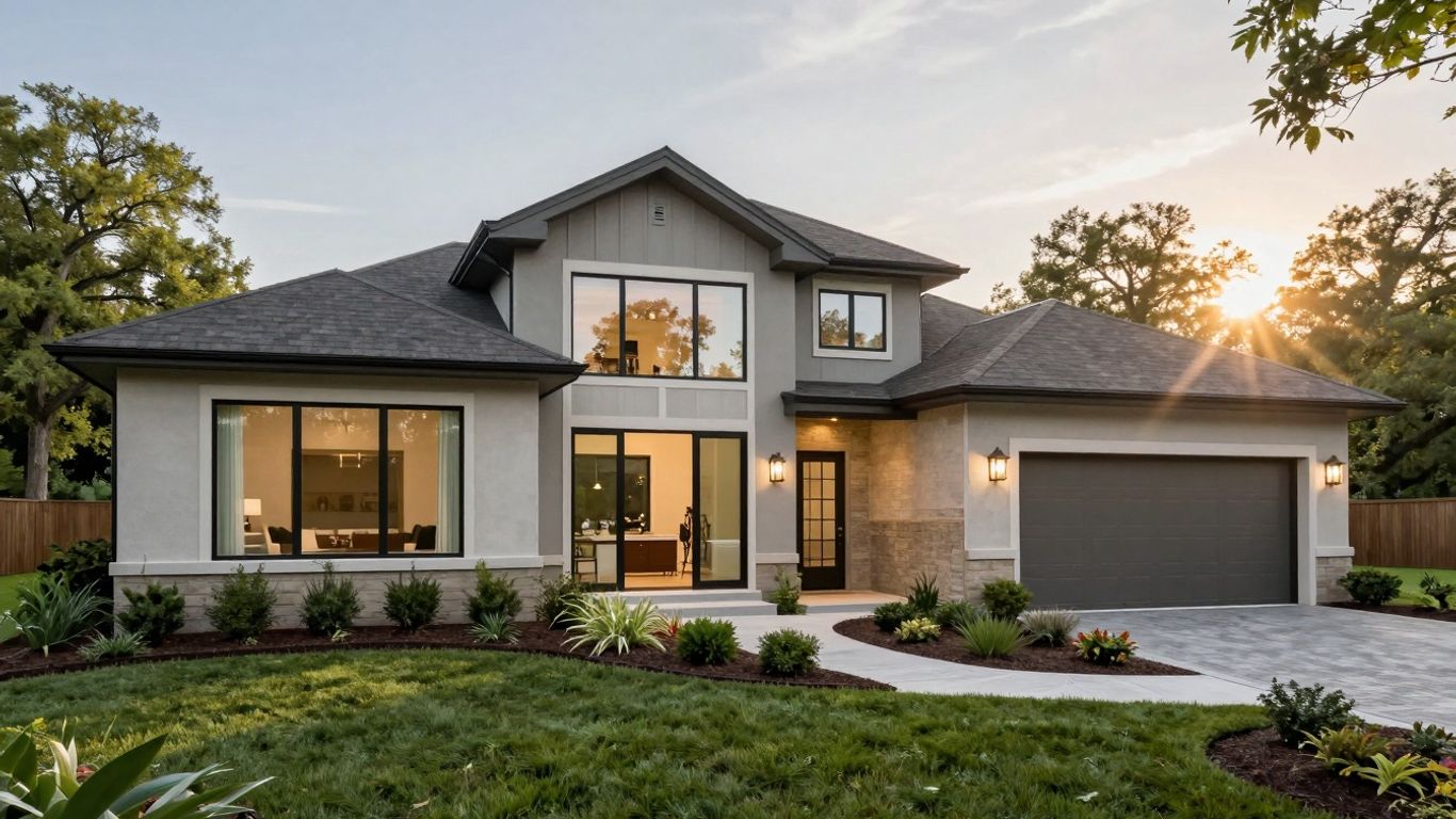 Spacious Edmond house with large windows and green landscaping.