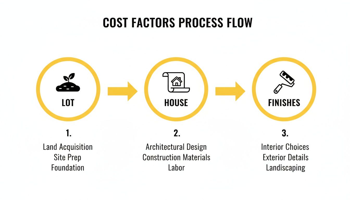 A flowchart illustrates home building cost factors: Lot, House, and Finishes, detailing sub-factors for each stage.