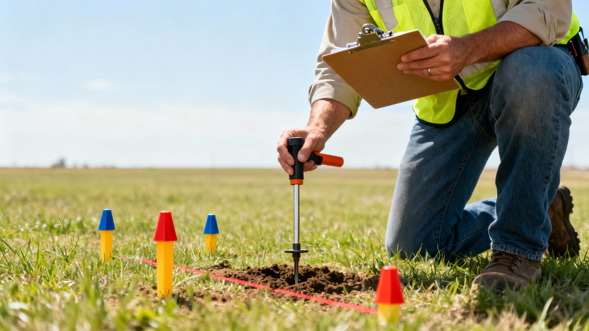 Worker in safety vest taking a soil sample in a field with survey markers and string.