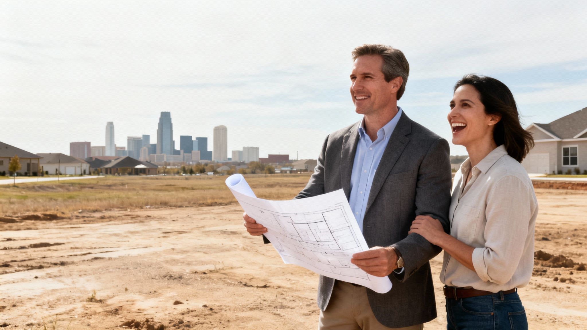 Happy couple or architect and client reviewing blueprints at a new home construction site.