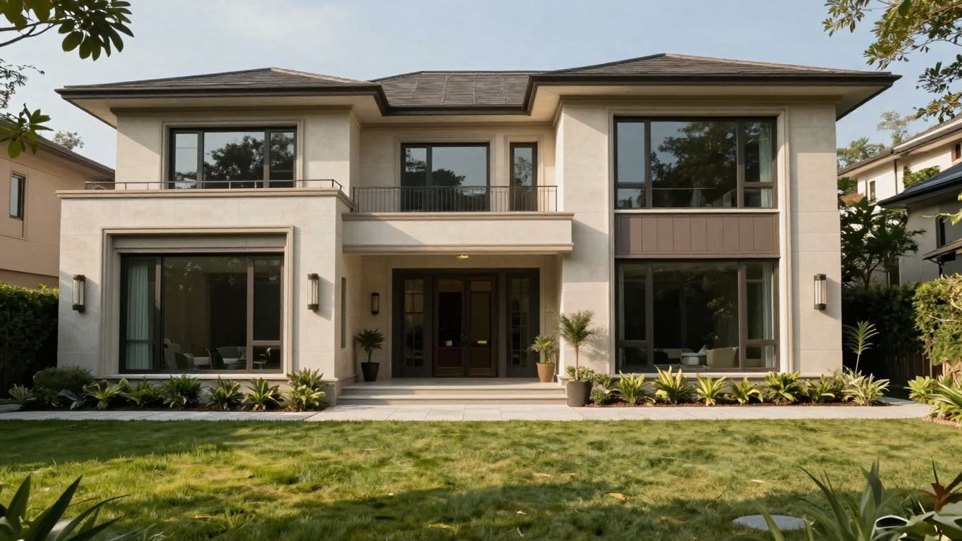 Elegant luxury home exterior with large windows and landscaping.