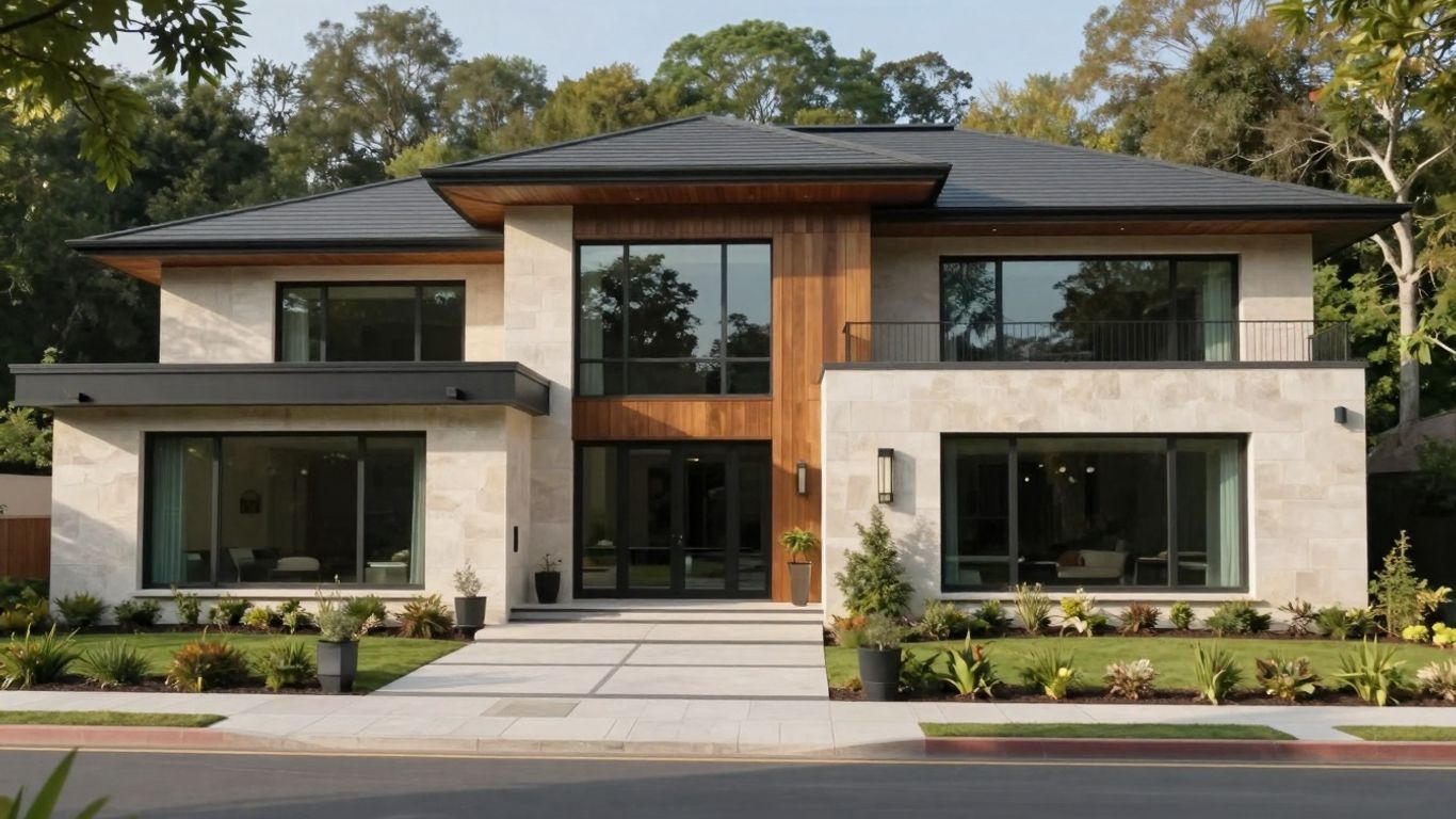 Modern luxury home exterior with landscaping