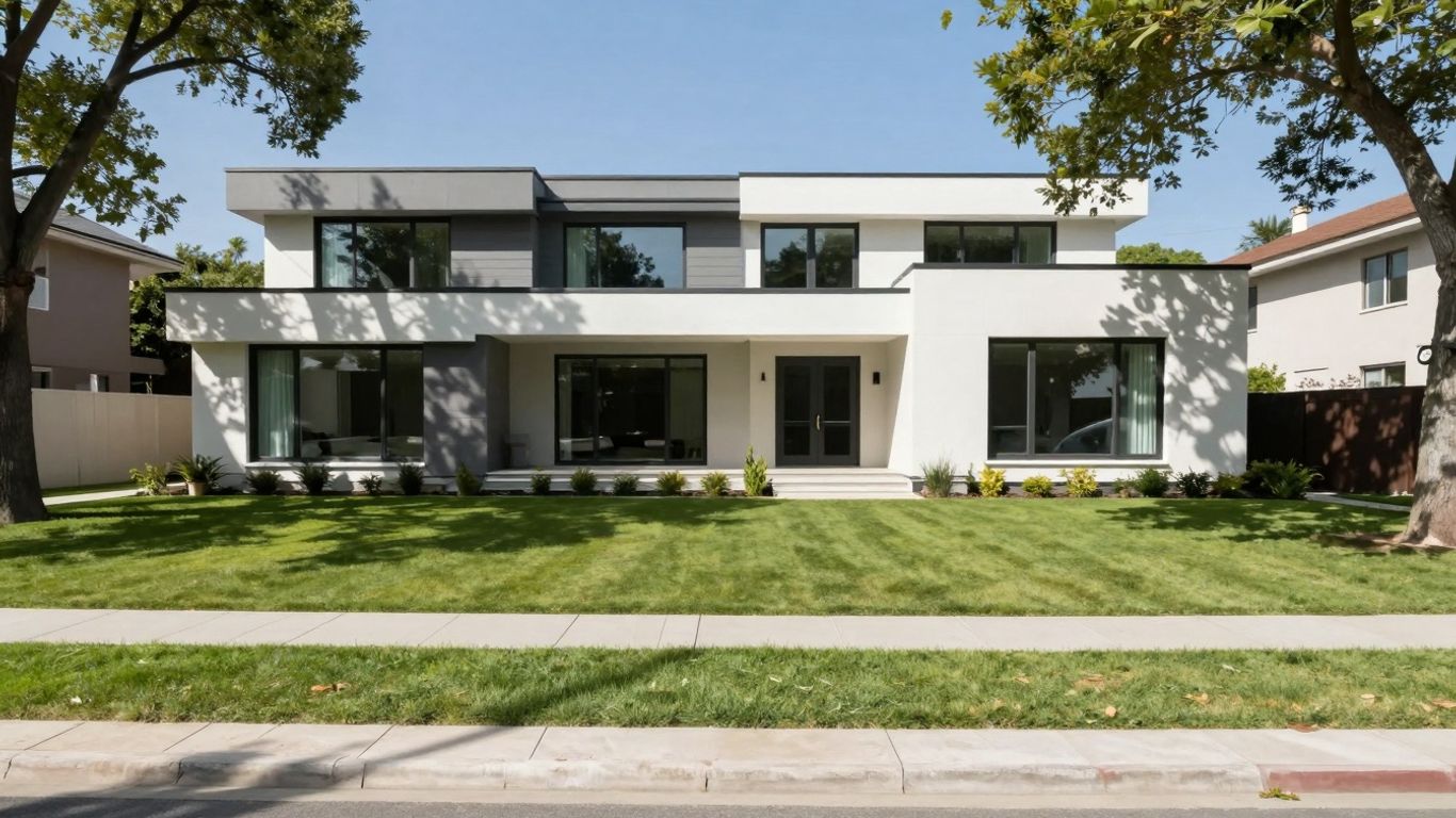 Modern custom home exterior with green lawn and blue sky.