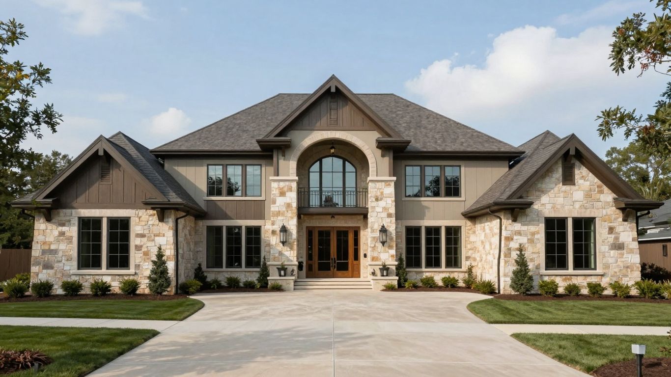 Large custom home in Oklahoma with stone and wood facade.