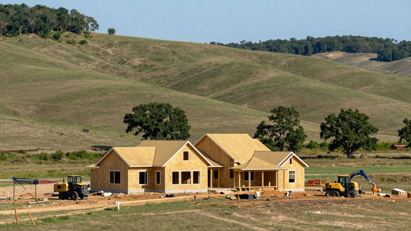 Rural Oklahoma landscape with a custom home under construction.