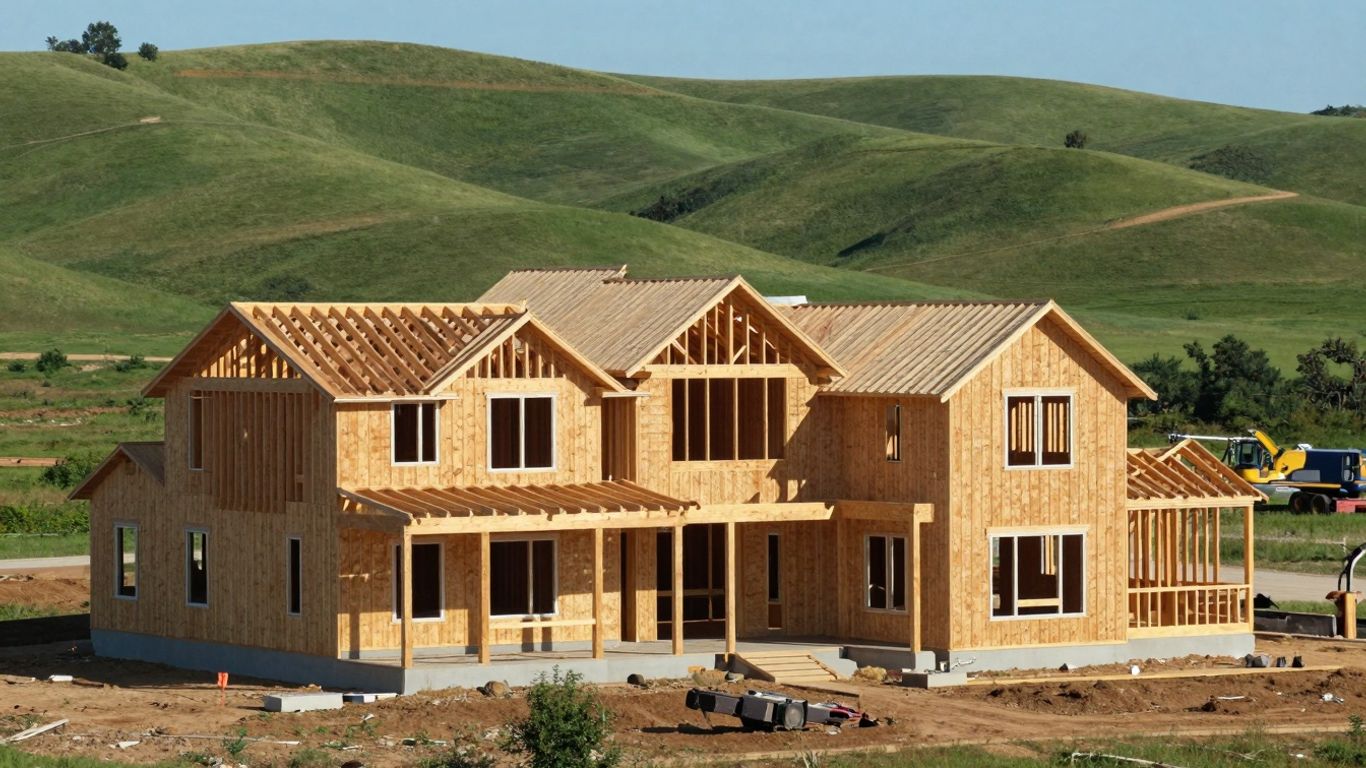 Oklahoma custom home construction site with scenic rural background.