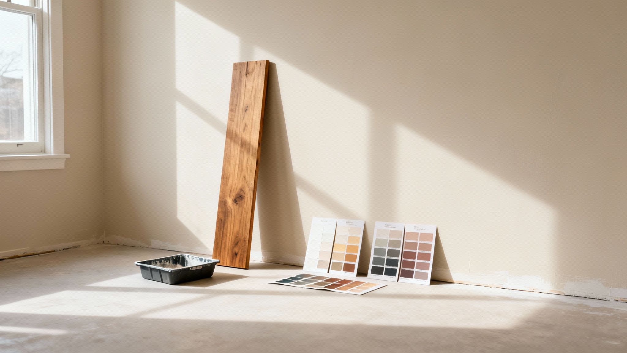 Empty room with natural light, showcasing paint color swatches, a wooden board, and a paint tray.