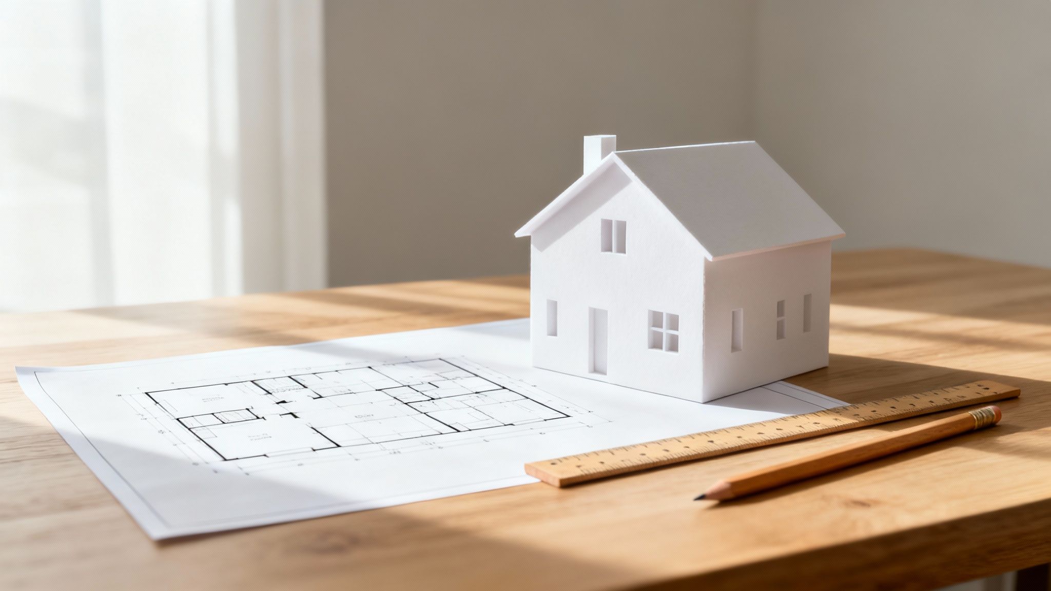 White paper house model, architectural blueprint, ruler, and pencil on a sunny wooden table.