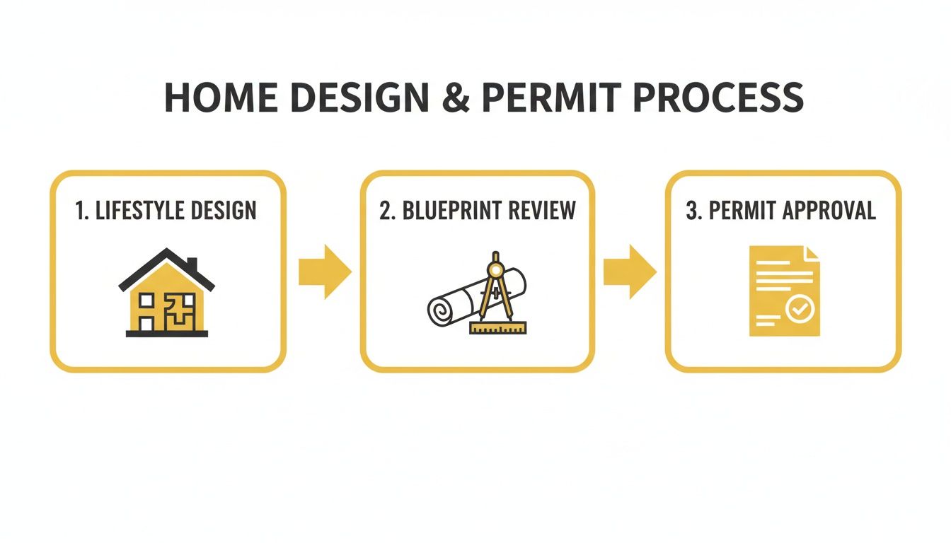 A three-step flowchart showing the home design and permit process: lifestyle design, blueprint review, and permit approval.