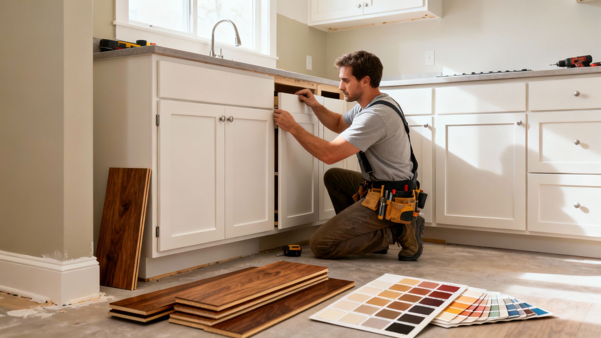 Man installing white kitchen cabinets, surrounded by wood flooring and color samples in a new home.