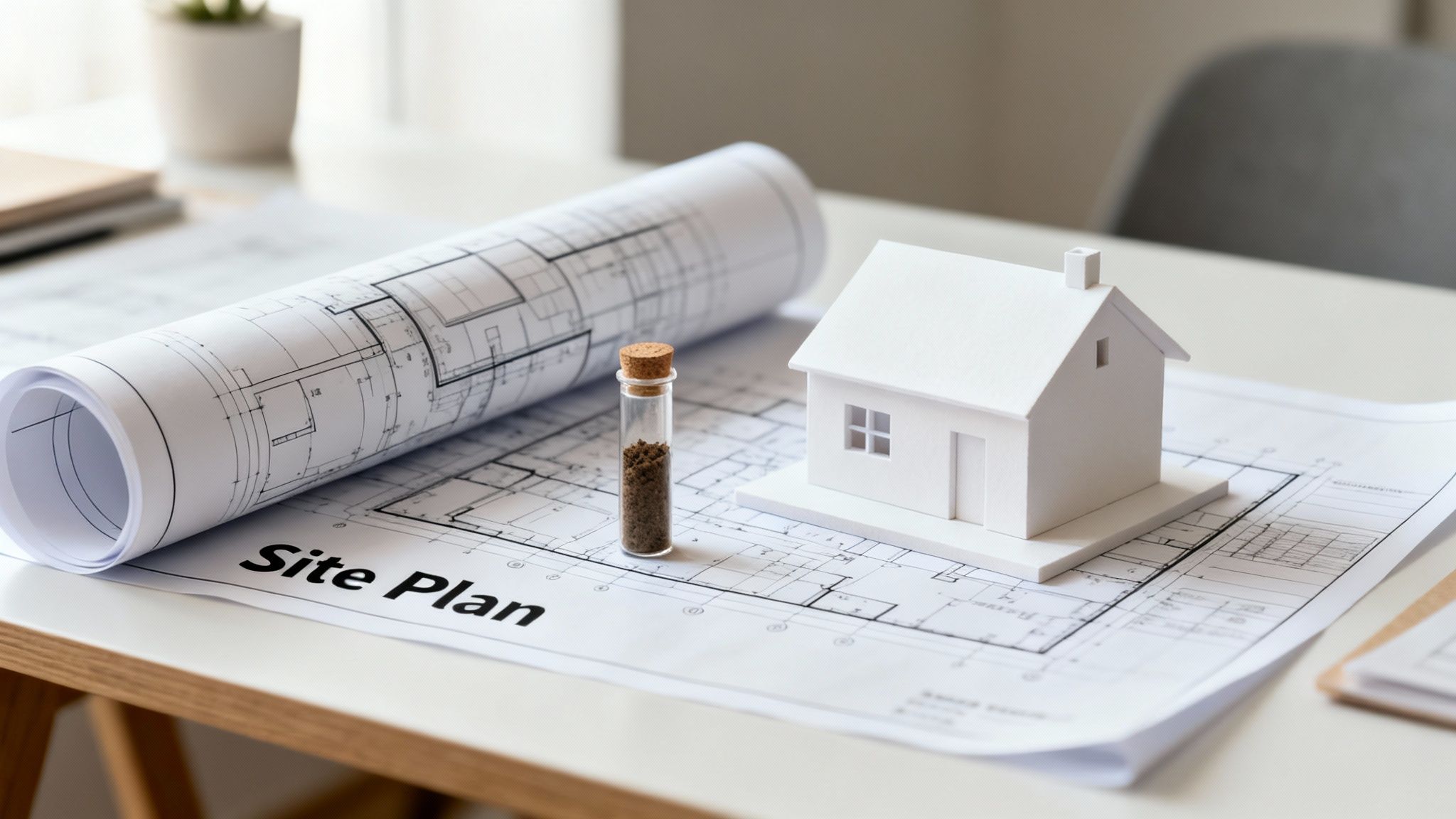 Architectural blueprint with a white model house, soil sample, and site plan on a desk.
