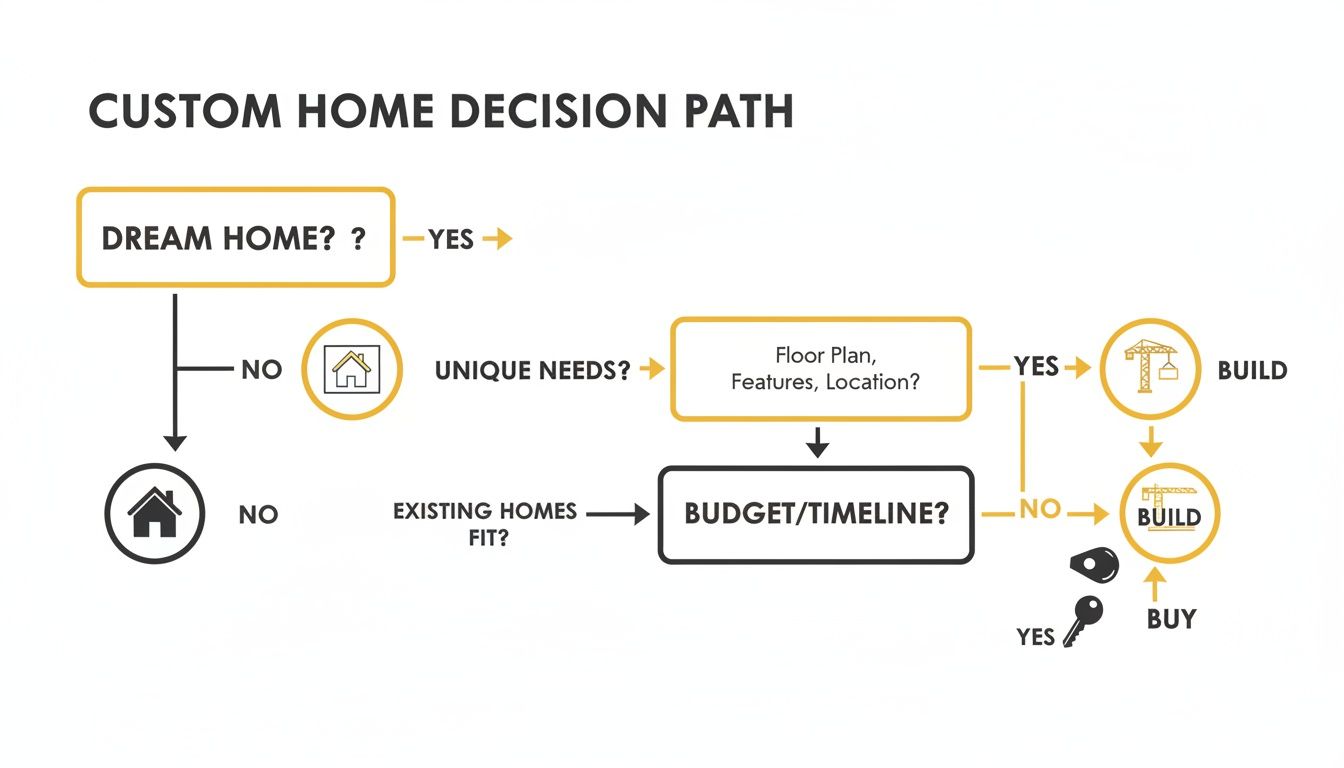 A flowchart illustrates the custom home decision path, guiding users from dream home to build or buy.
