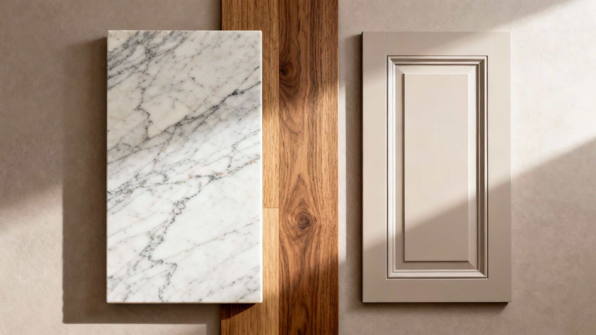 Elegant material samples featuring white marble, a warm wood panel, and a cream cabinet door.