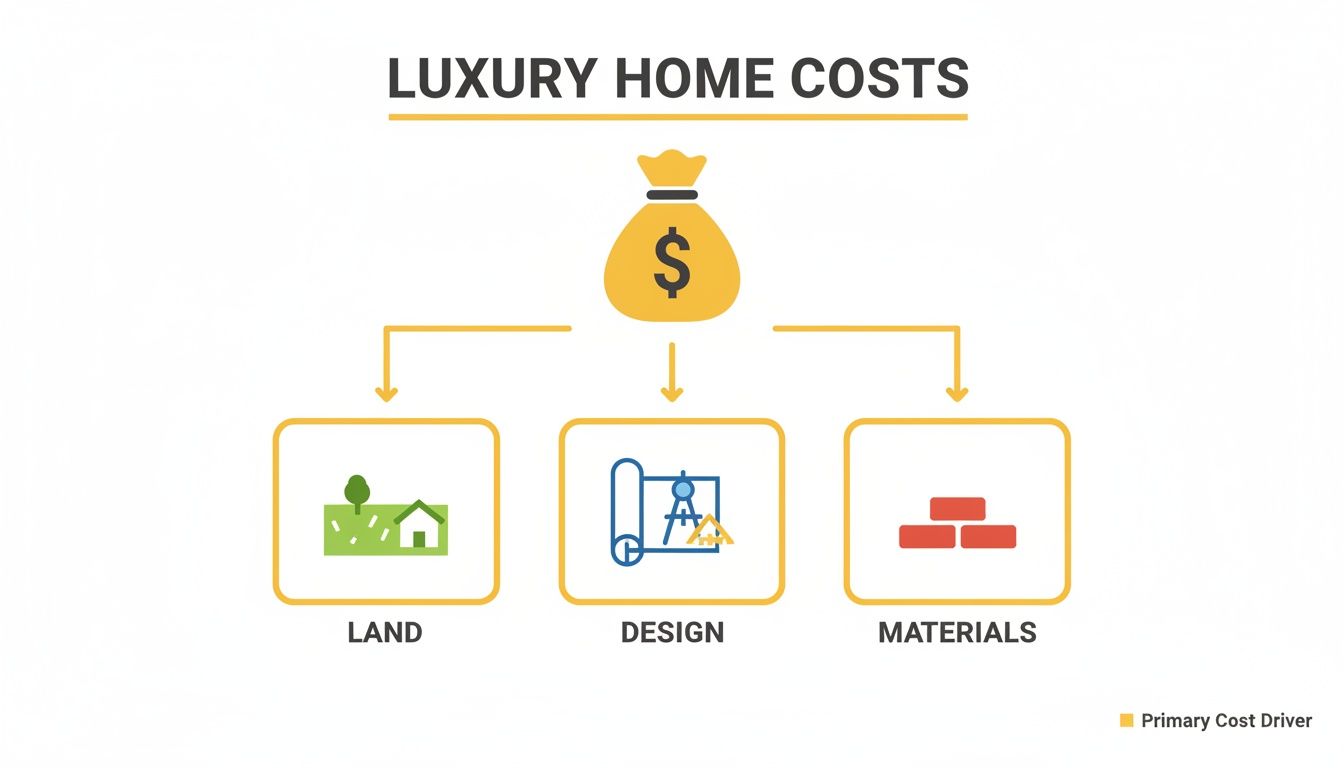 A diagram illustrating luxury home costs, broken down into land, design, and materials.