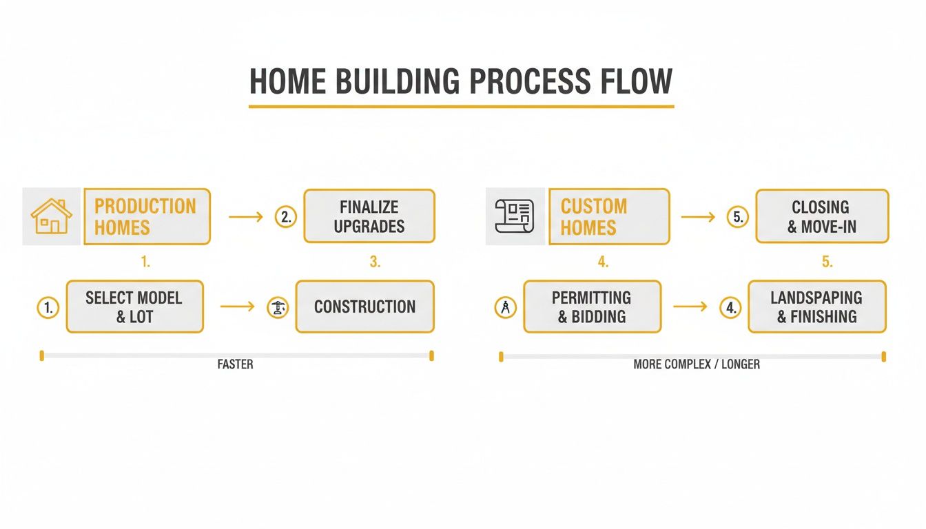 Flowchart detailing the home building process, comparing faster production homes with longer custom home stages.