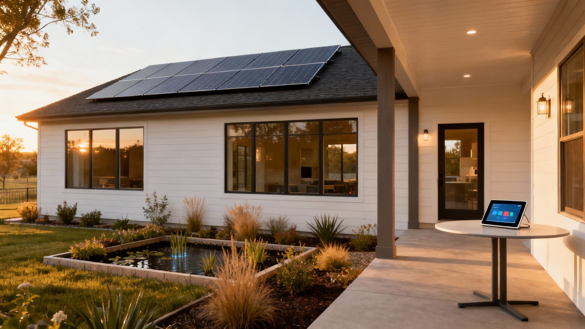 A modern custom home with solar panels, a decorative pond, and a smart home tablet on a patio at dusk.
