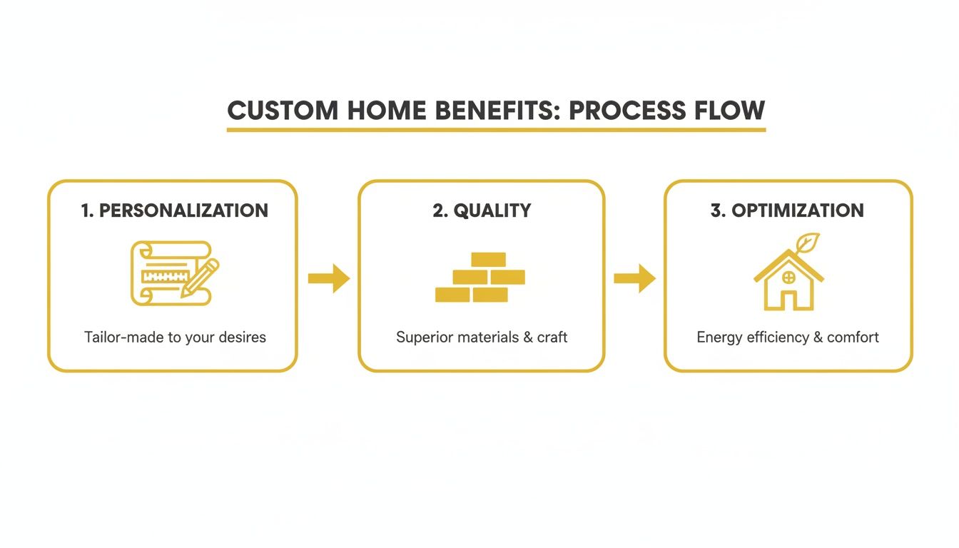 A process flow diagram illustrating custom home benefits: personalization, quality, and optimization for energy efficiency.