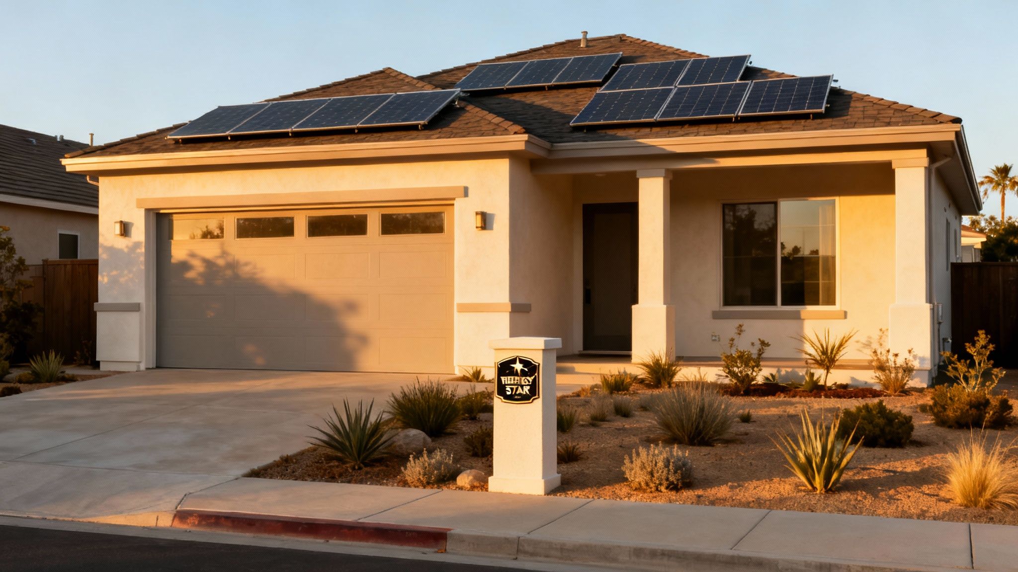 A modern single-story house with solar panels, a two-car garage, and desert landscaping at sunset.