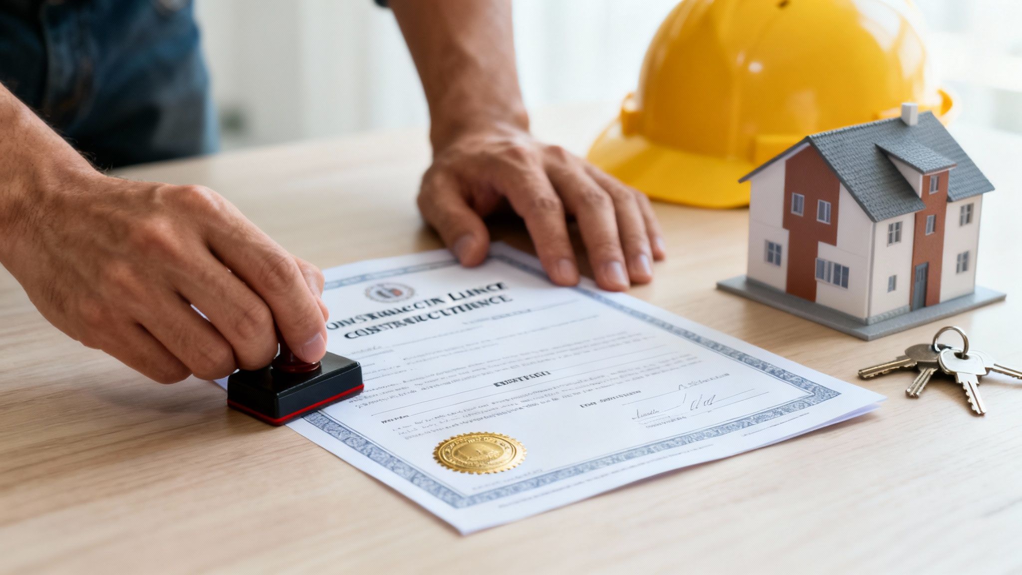 A person's hands stamping a construction document with a house model and keys, representing the official verification of a home builder's credentials.