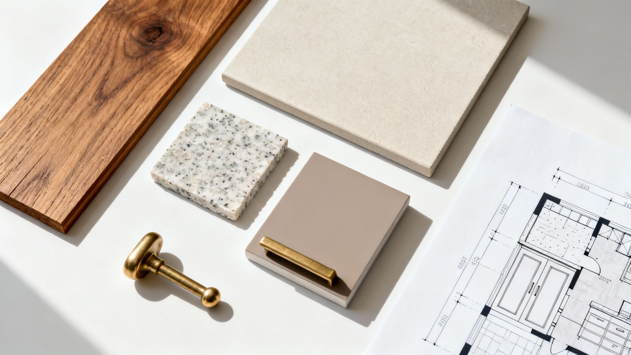 Flat lay of home design materials including wood, granite, tile, a paint swatch with a brass handle, and blueprints.