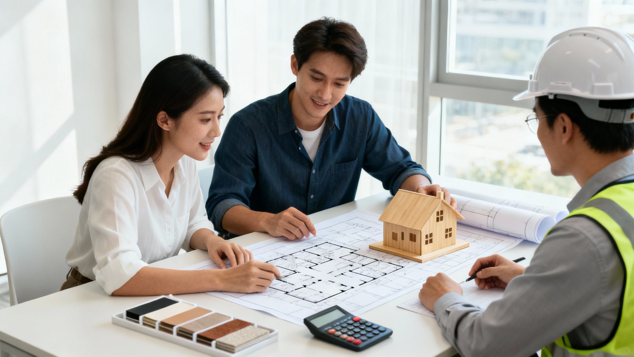 A happy Asian couple discusses house plans with a builder, reviewing blueprints and a model house.