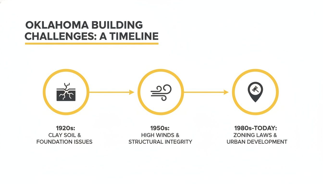 Timeline of Oklahoma building challenges, including clay soil, high winds, and zoning laws.