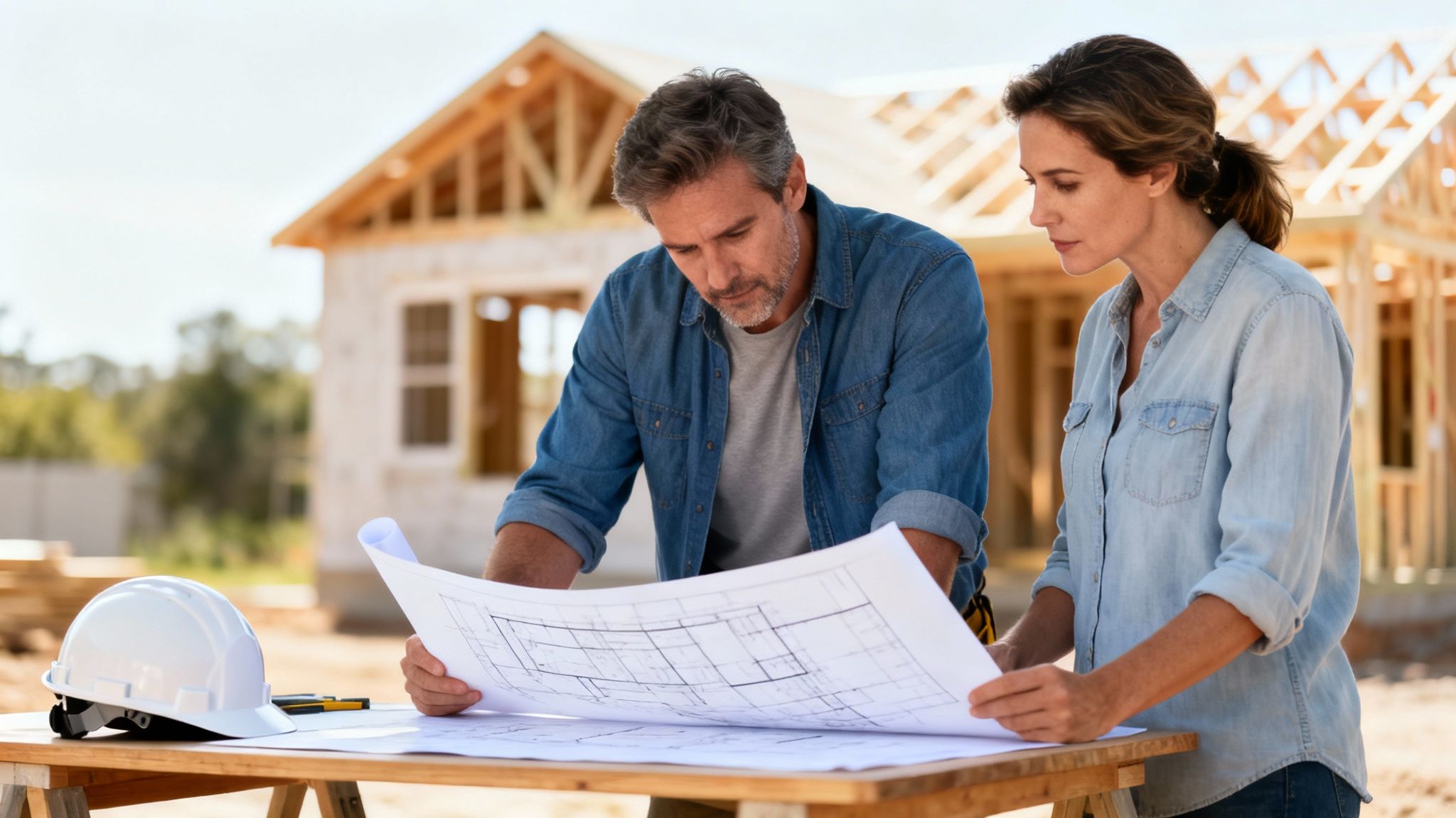 Two builders examining architectural plans for a house under construction on a sunny day.