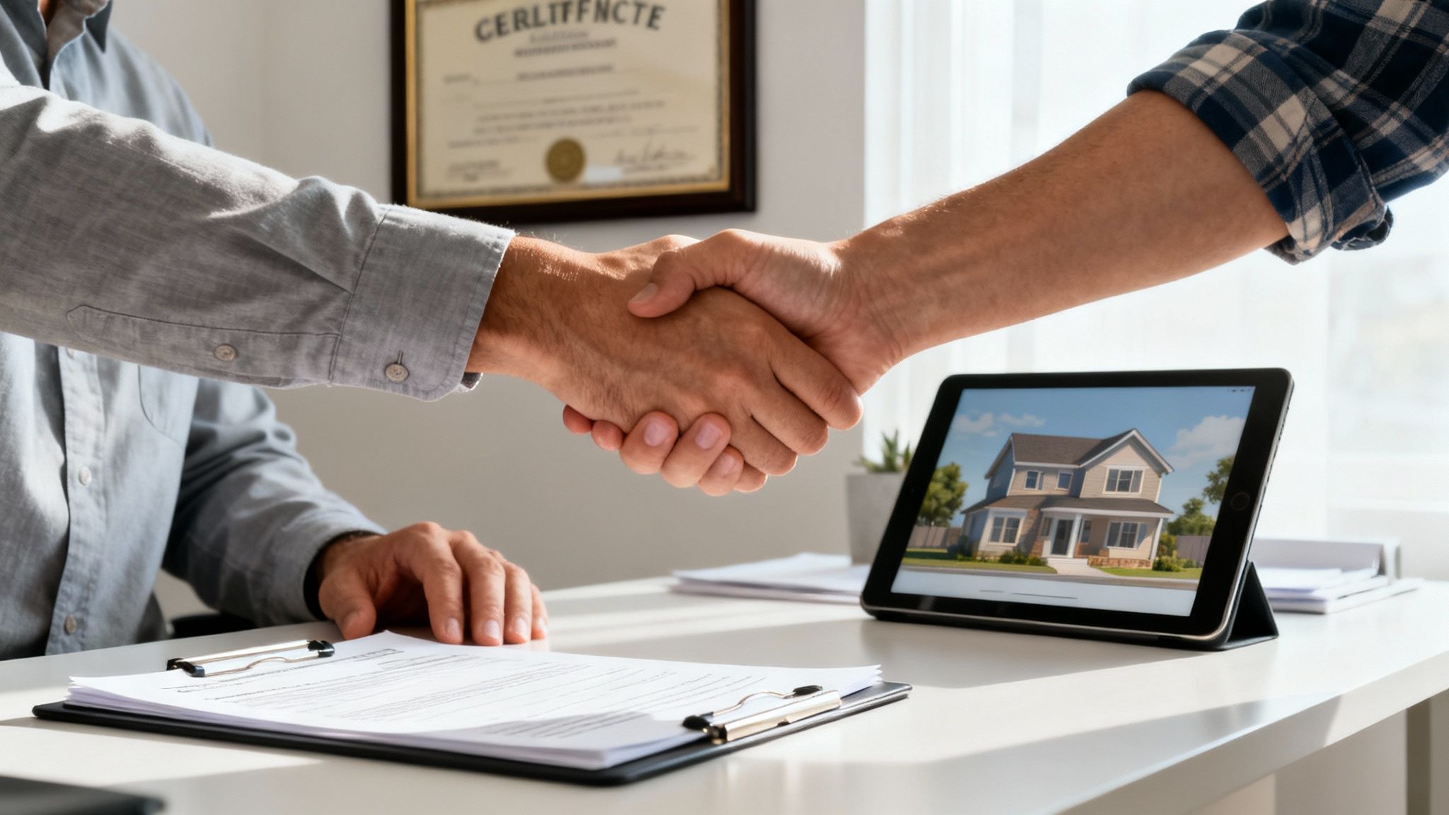 Two men shaking hands over a desk with real estate documents and a tablet showing a house.