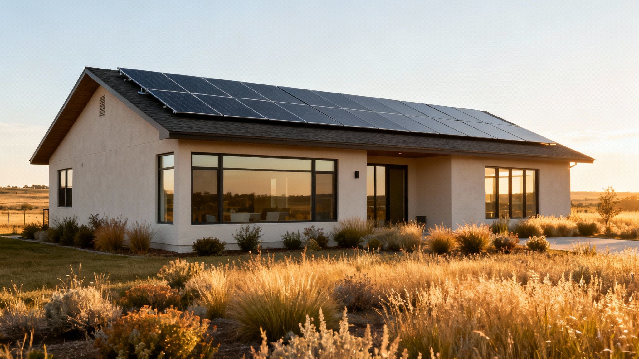 A modern, light-colored house with many solar panels on the roof, surrounded by golden grasses.