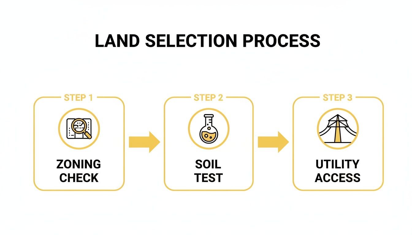 A three-step land selection process diagram showing zoning check, soil test, and utility access.