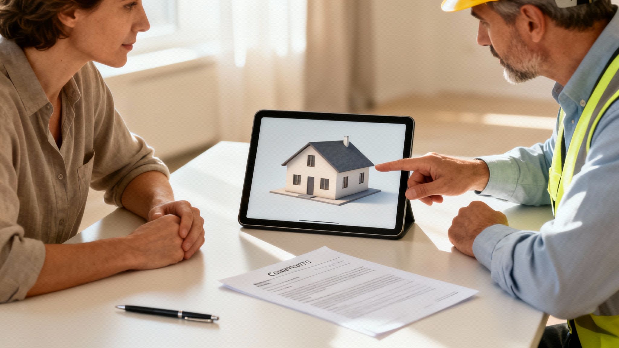 Contractor and client review custom home plans on a tablet, discussing the house design.