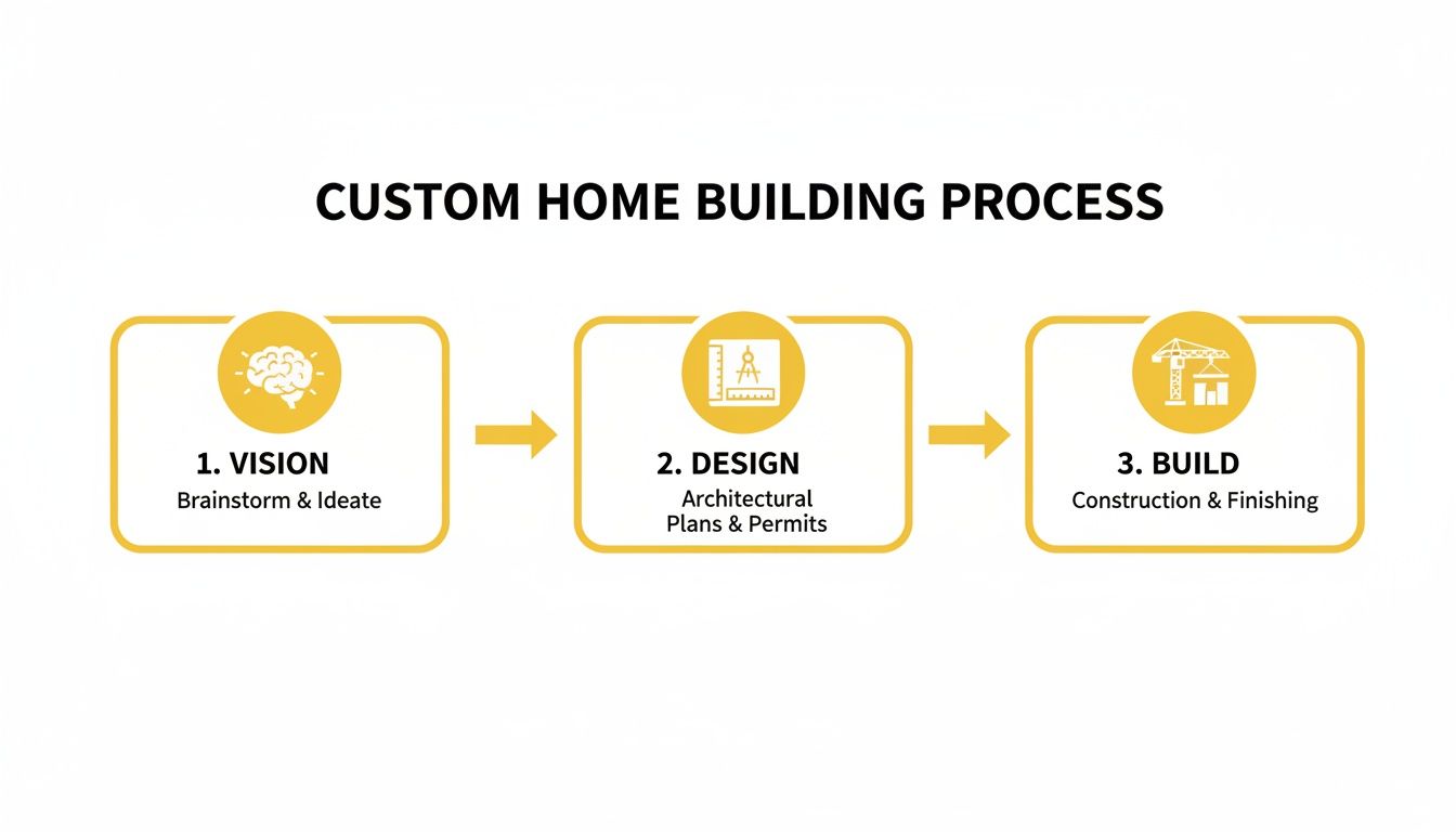 Infographic detailing the custom home building process, including vision, design, and construction phases.