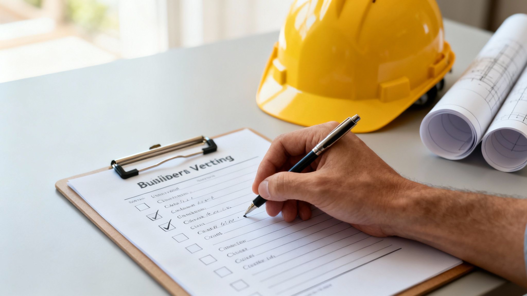 Close-up of a hand checking a 'Builders Vetting' form with a pen, hard hat, and blueprints.
