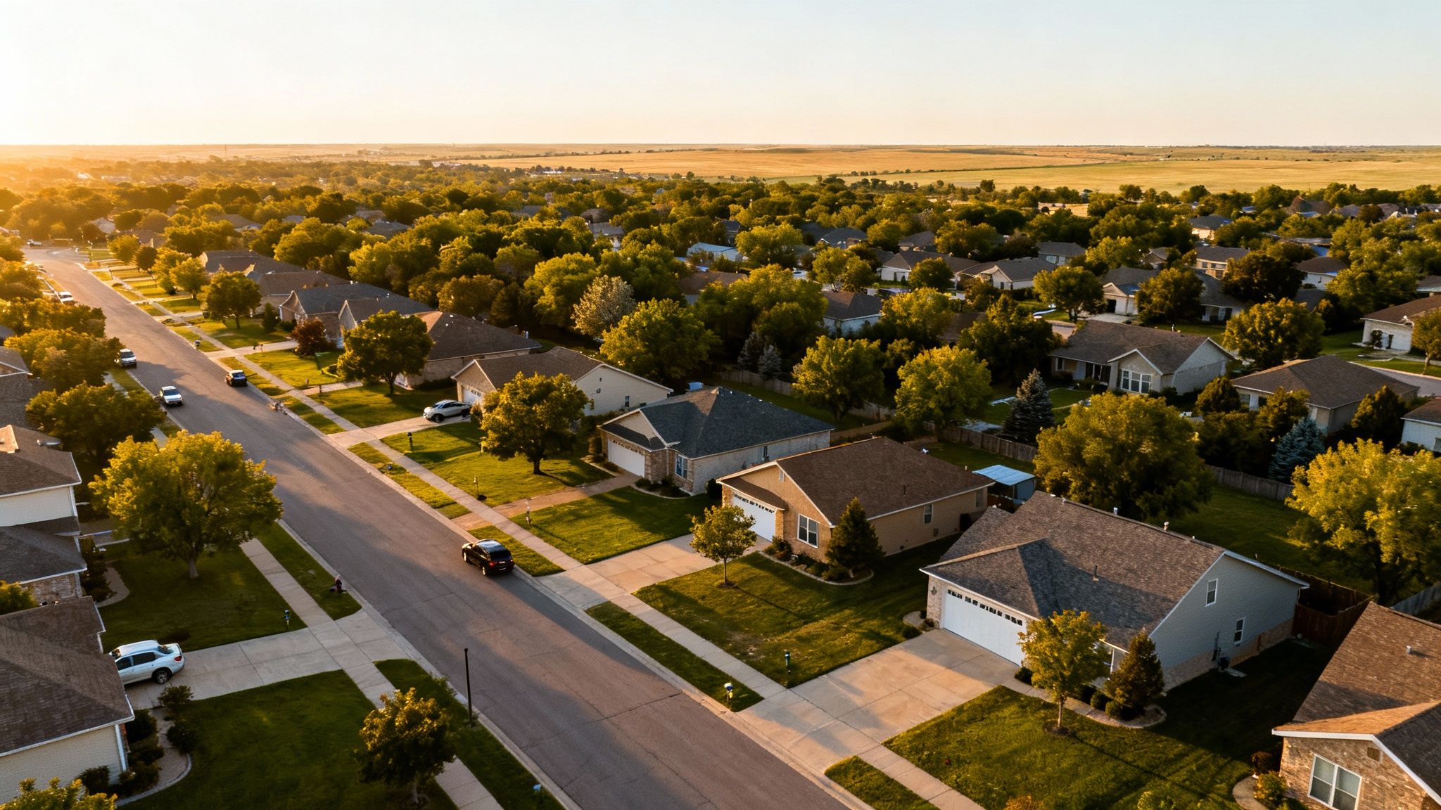 Aerial view of a suburban neighborhood with houses, green trees, and cars on a street at sunset.