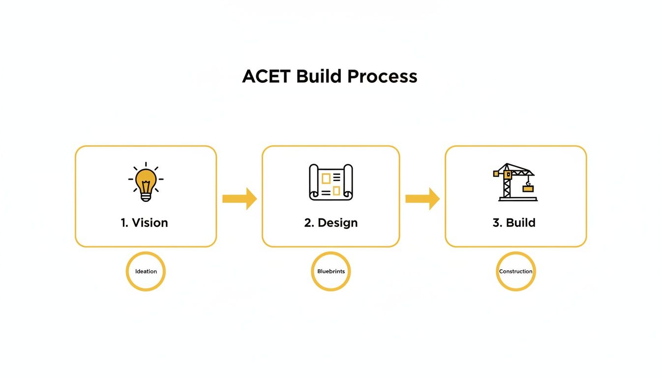 An ACET build process diagram showing three steps: Vision, Design, and Build, with icons and keywords.