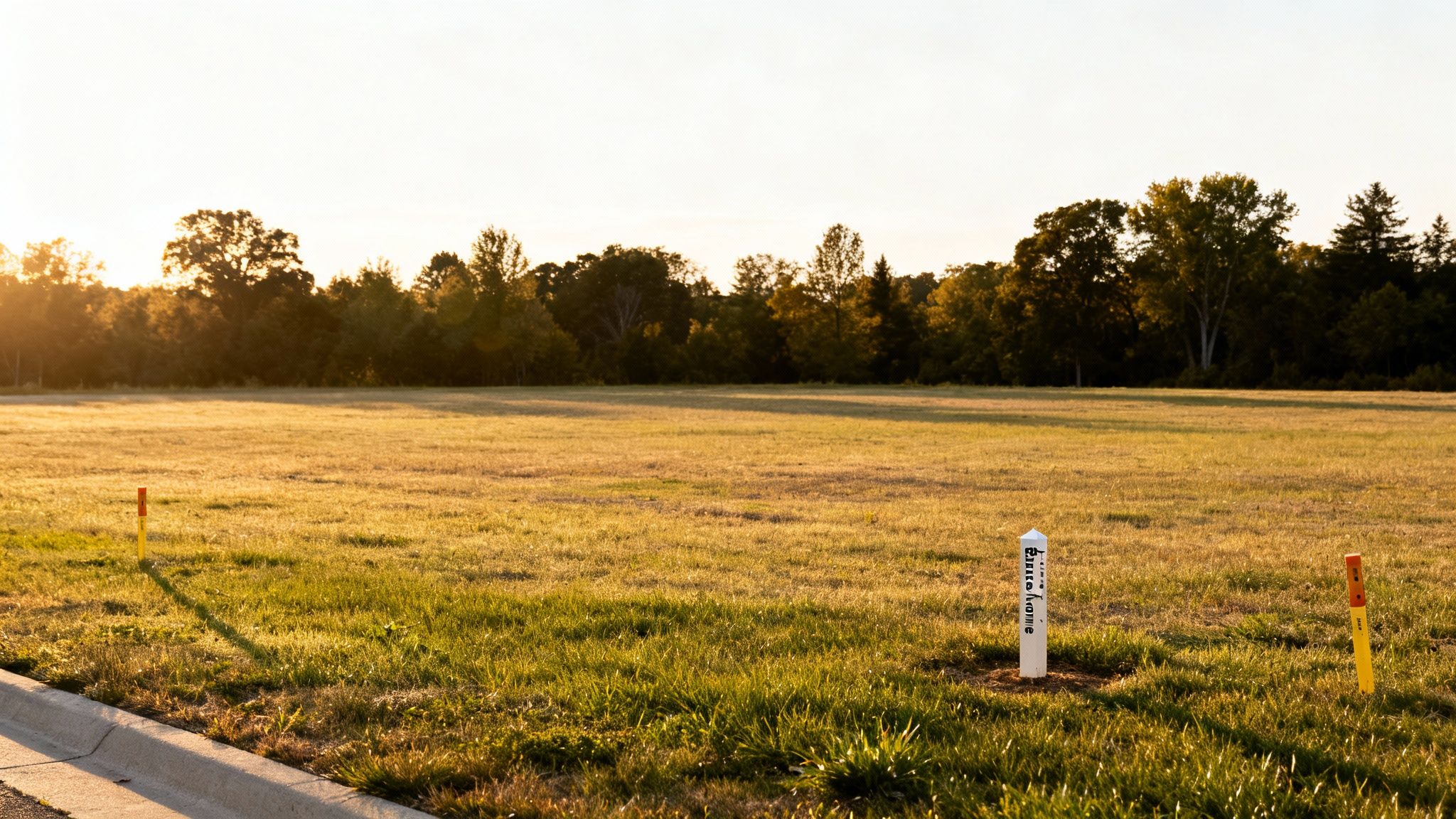 Golden hour light illuminates a grassy field with property markers and distant trees.