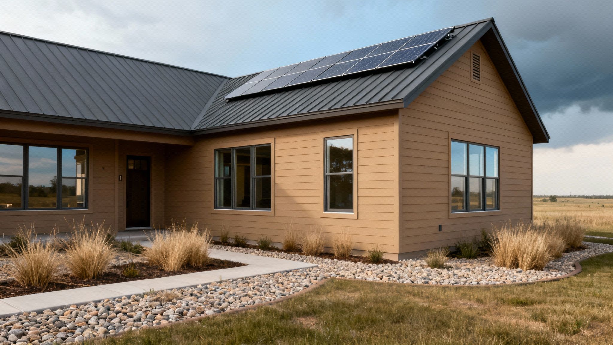 A modern single-story house with brown siding, a dark metal roof, and solar panels.