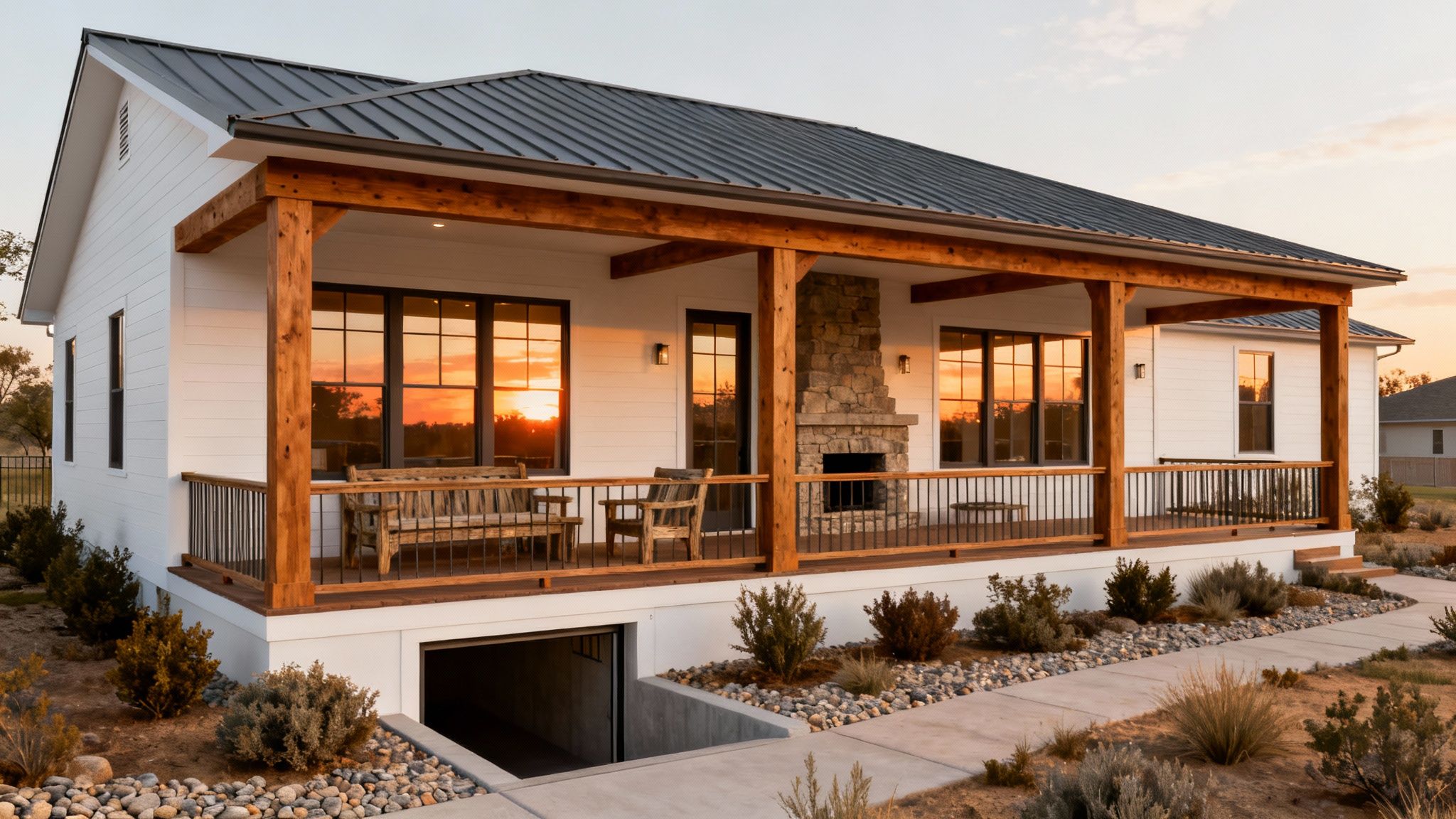 Beautiful modern farmhouse with a large covered porch, wooden beams, and a stone fireplace. Sunset reflects in windows.