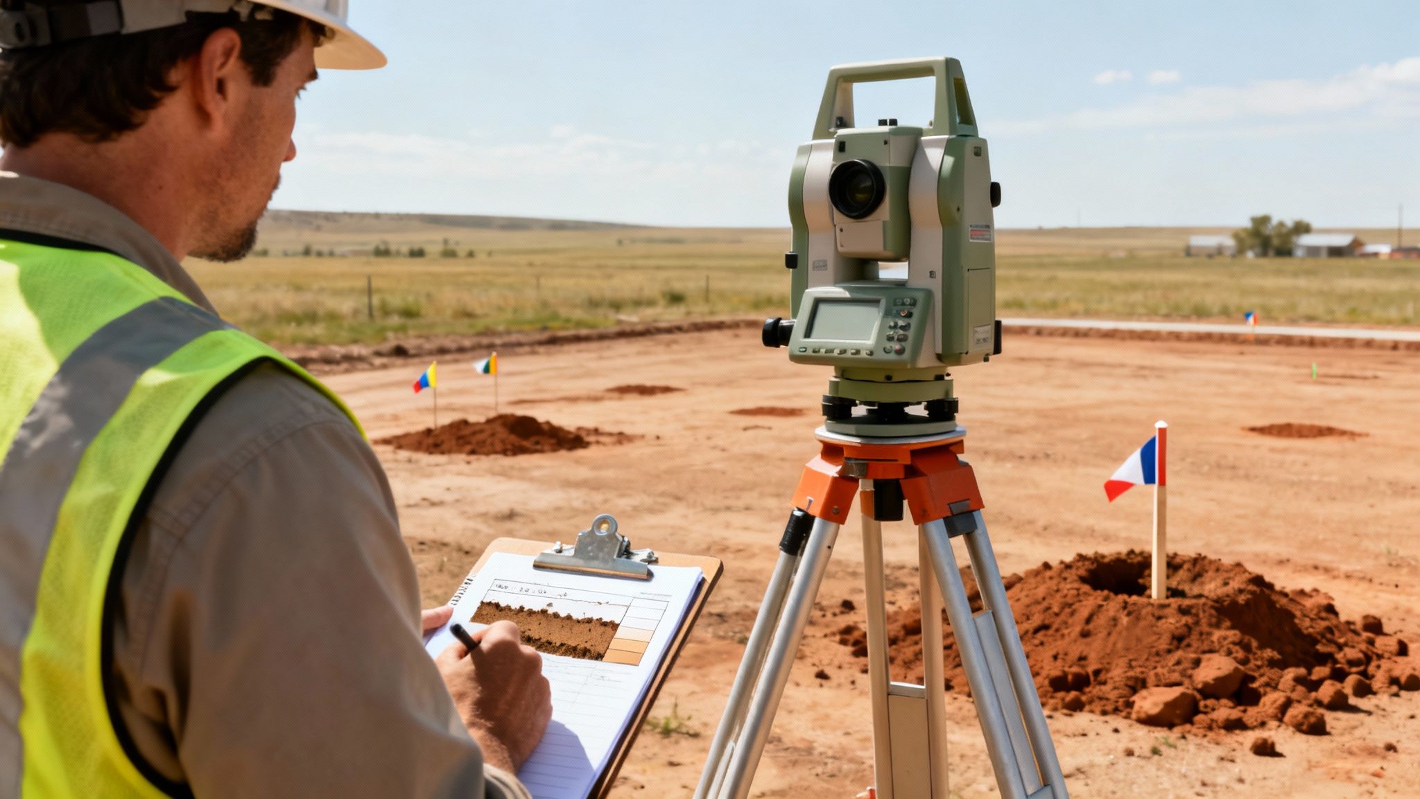 A surveyor in a hard hat and safety vest records data next to a total station on a construction site.