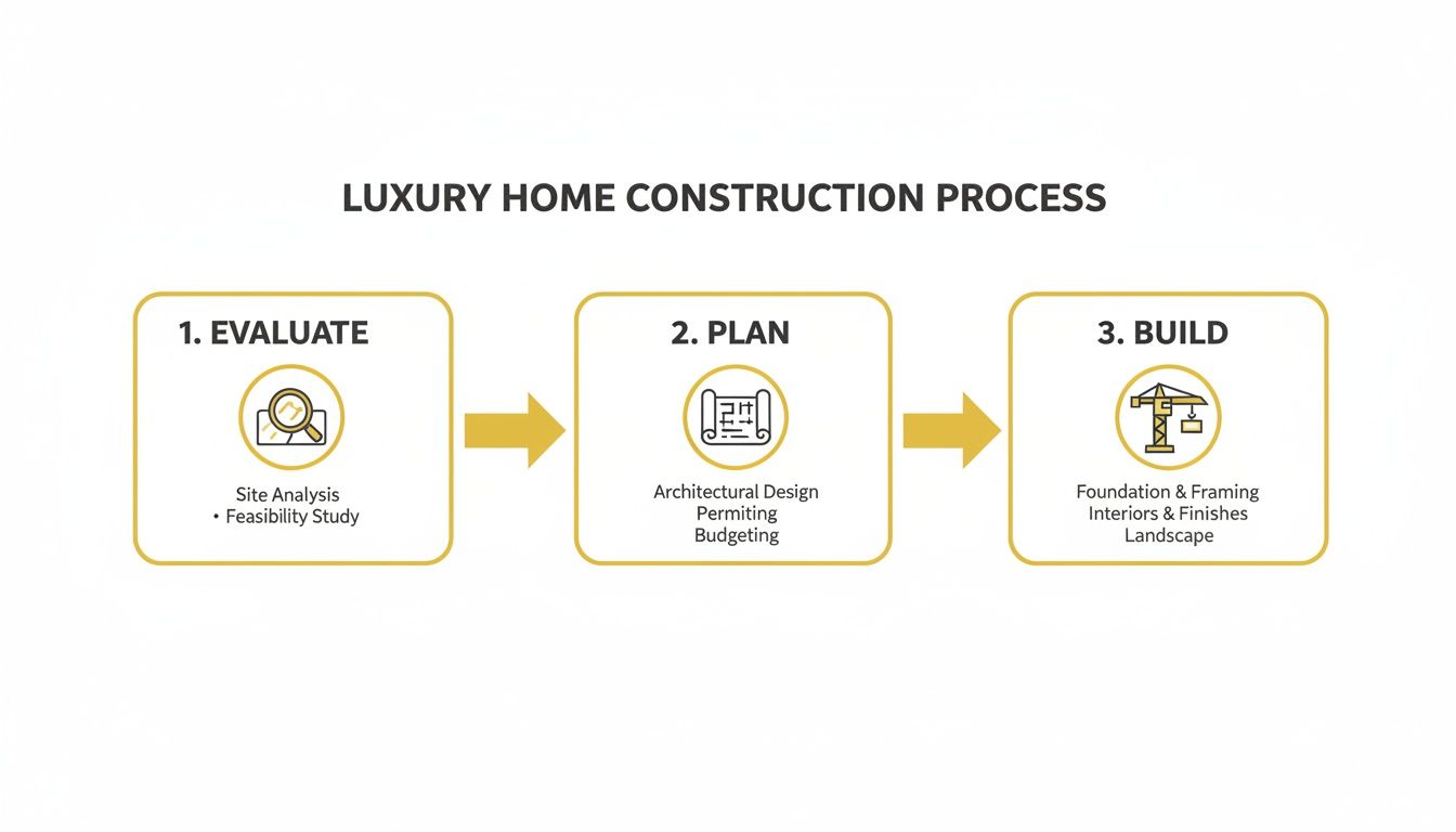 A clear infographic illustrating the three stages of luxury home construction: Evaluate, Plan, and Build.