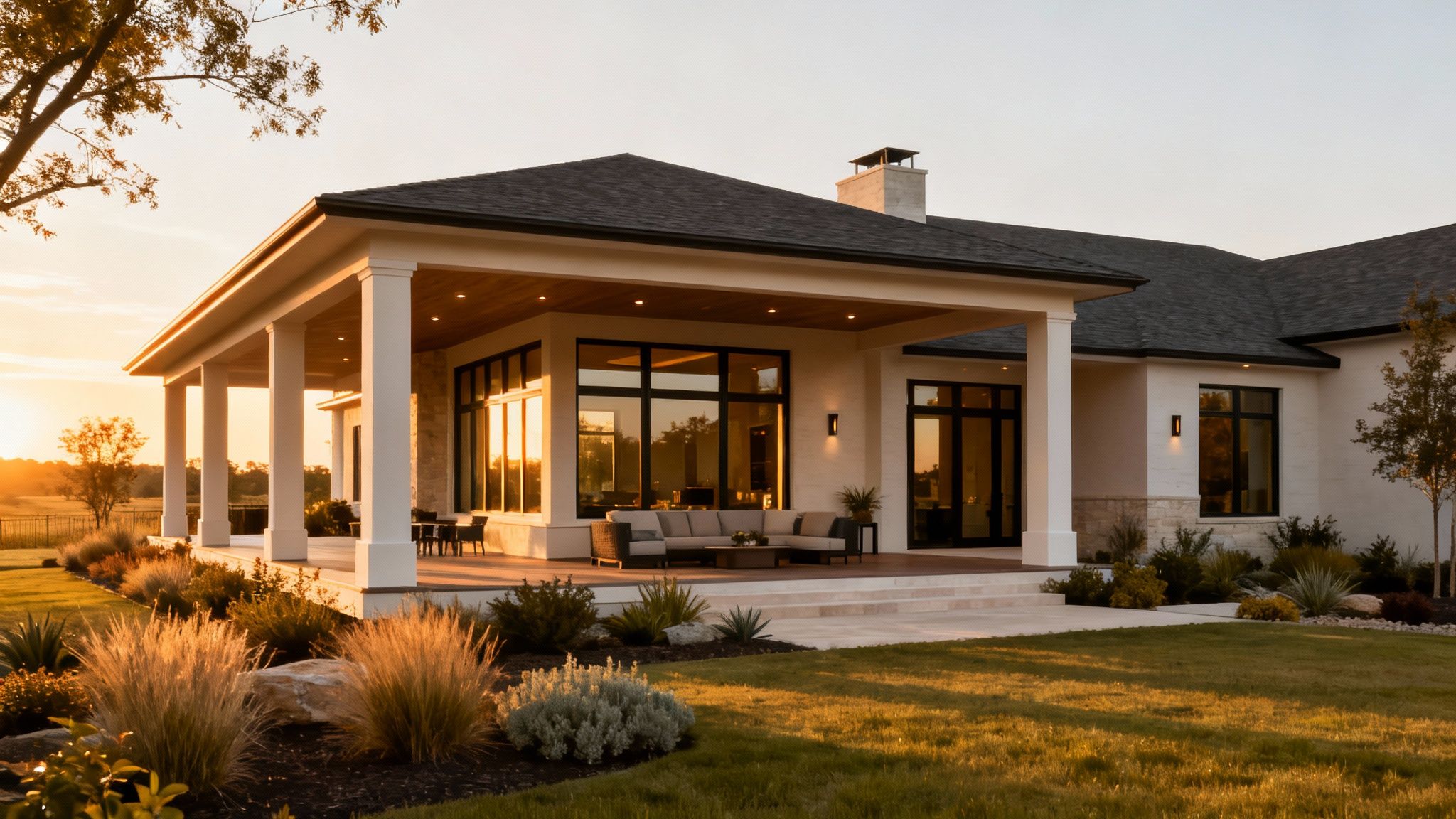 Modern luxury home with a covered patio and comfortable outdoor seating at sunset.