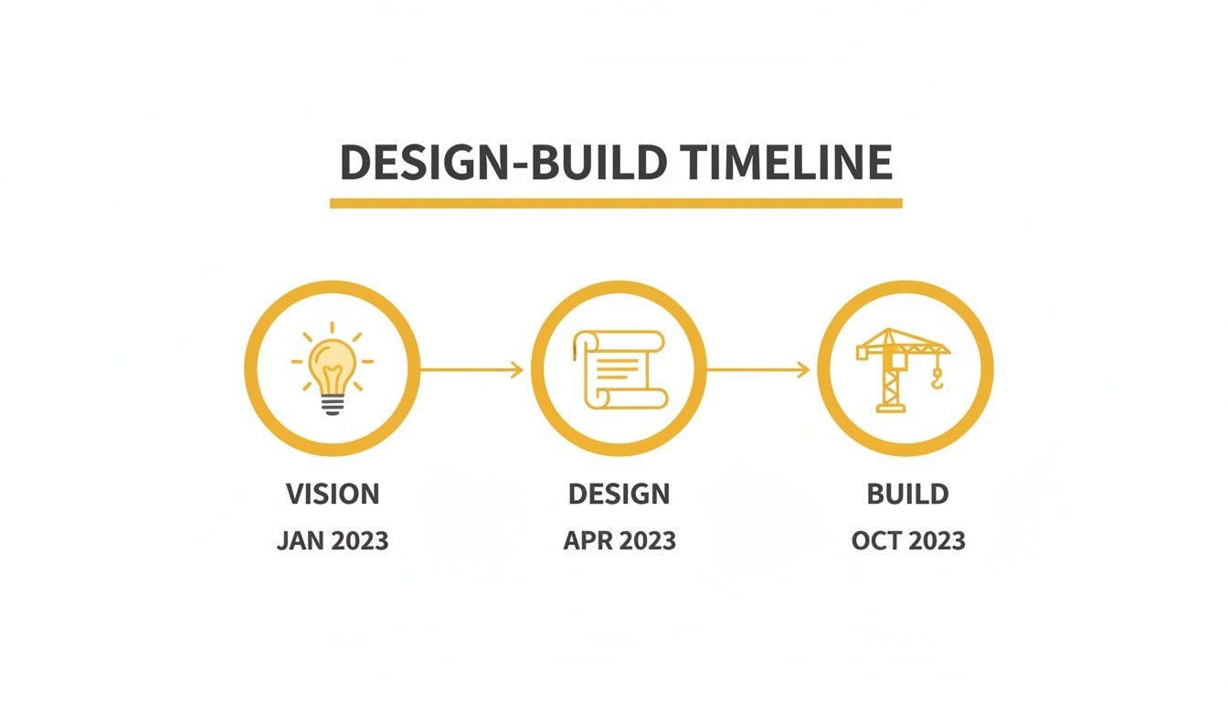 A design-build timeline graphic illustrating the stages: Vision (January 2023), Design (April 2023), and Build (October 2023).
